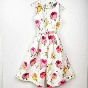Gaby Skye white and pink floral damask like fabric pleated dress 4